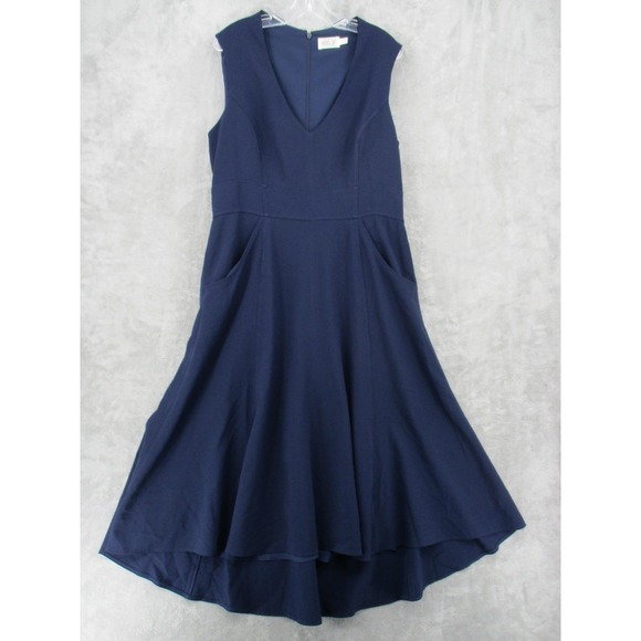 Eliza J Dress 18 Navy Blue Midi A Line Pockets Crepe Knit V Neck Career Lined - Picture 1 of 10